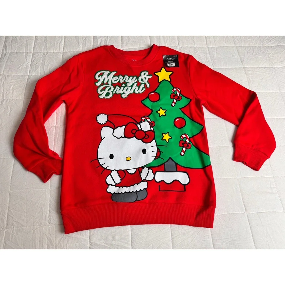 Embroidered Hello Kitty Merry Bright Christmas‎ Tree Red Sweatshirt Medium